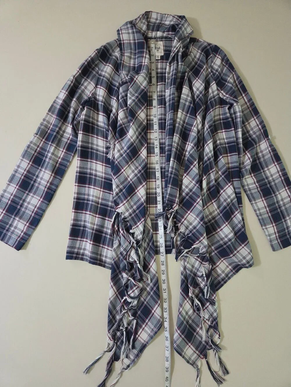 Billabong Navy Plaid Liv It Up Cardigan Flyaway Fringe Front Top - Picture 8 of 16
